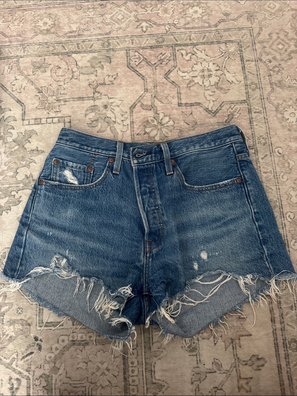 Levi's 501 Distressed Raw Hem Denim Shorts - Medium Blue